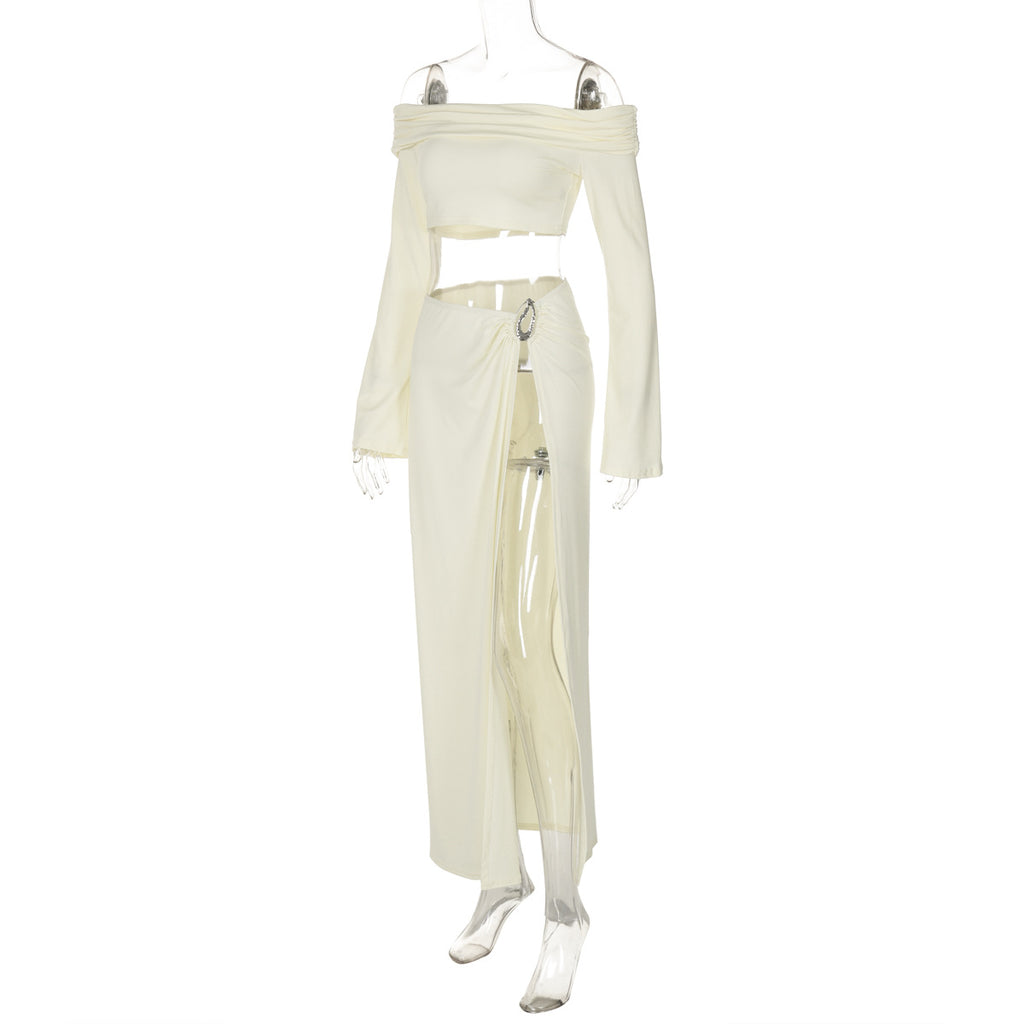 Women's Solid Beach Skirt Sets Sexy High Split Slim Bohemian Outfits Off The Shoulder Holiday Fashion 2 Piece Set 2025 Beachwear