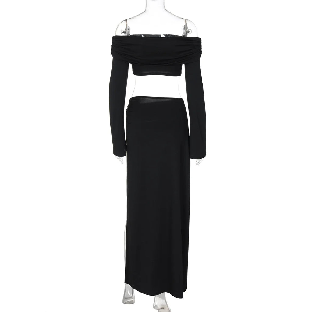 Women's Solid Beach Skirt Sets Sexy High Split Slim Bohemian Outfits Off The Shoulder Holiday Fashion 2 Piece Set 2025 Beachwear