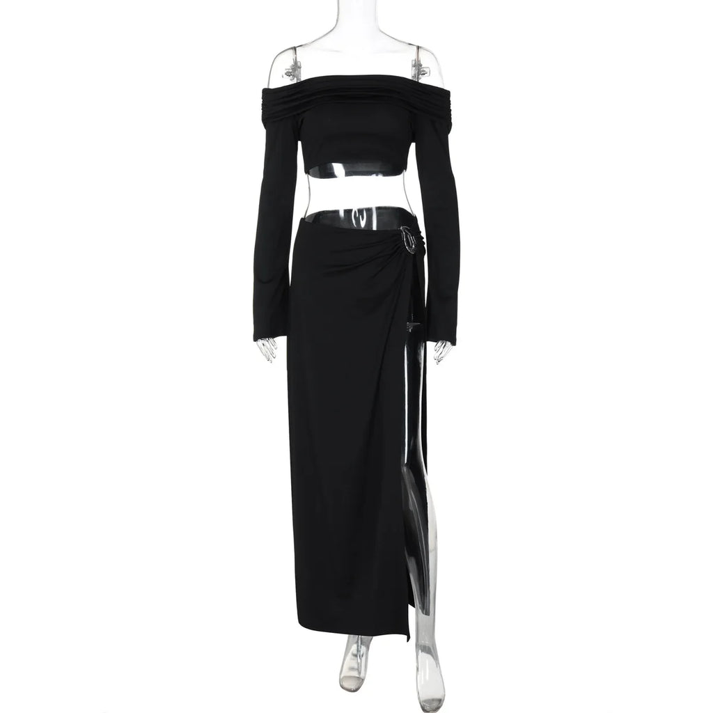 Women's Solid Beach Skirt Sets Sexy High Split Slim Bohemian Outfits Off The Shoulder Holiday Fashion 2 Piece Set 2025 Beachwear
