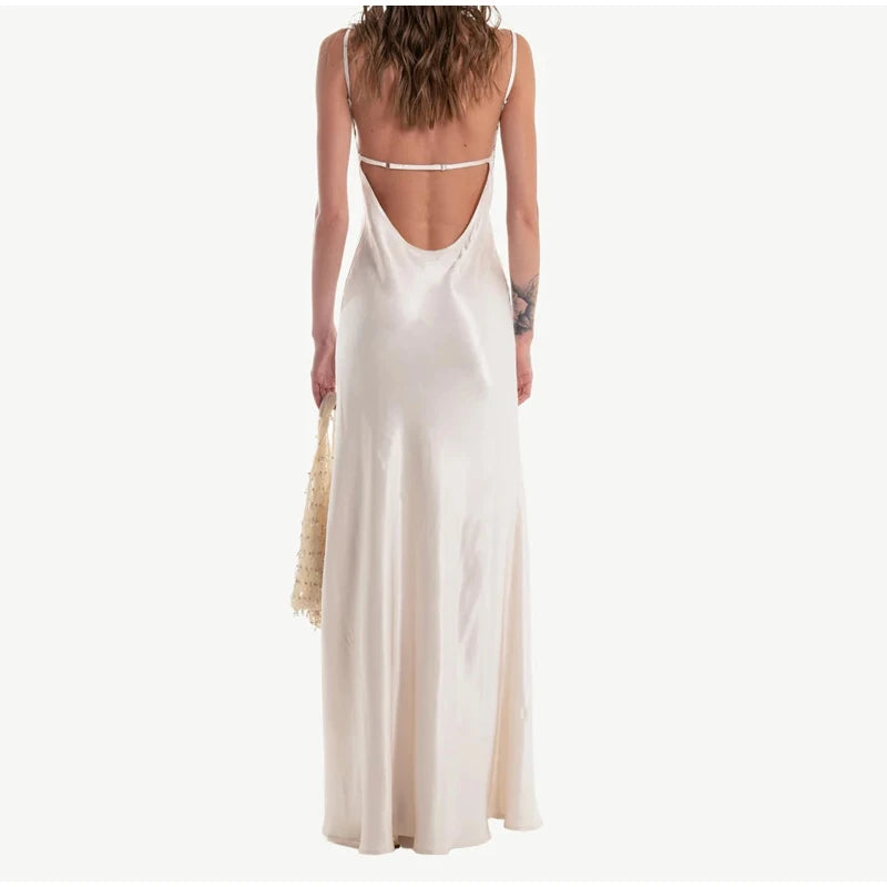 Lace Patchwork Sling Maxi Dress Women Sexy Solid V-neck Sleeveless Backless Satin Slim Long Gown Lady Chic Evening Party Dresses