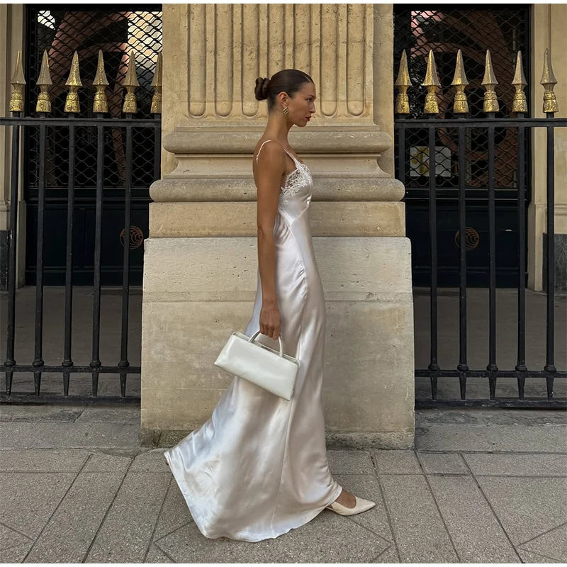 Lace Patchwork Sling Maxi Dress Women Sexy Solid V-neck Sleeveless Backless Satin Slim Long Gown Lady Chic Evening Party Dresses