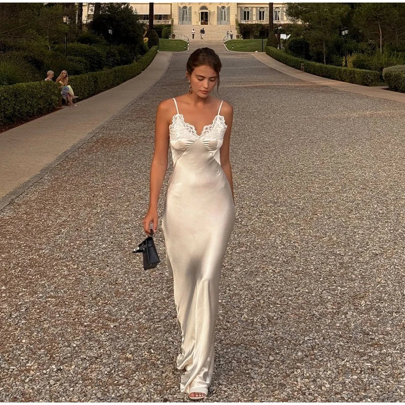 Lace Patchwork Sling Maxi Dress Women Sexy Solid V-neck Sleeveless Backless Satin Slim Long Gown Lady Chic Evening Party Dresses