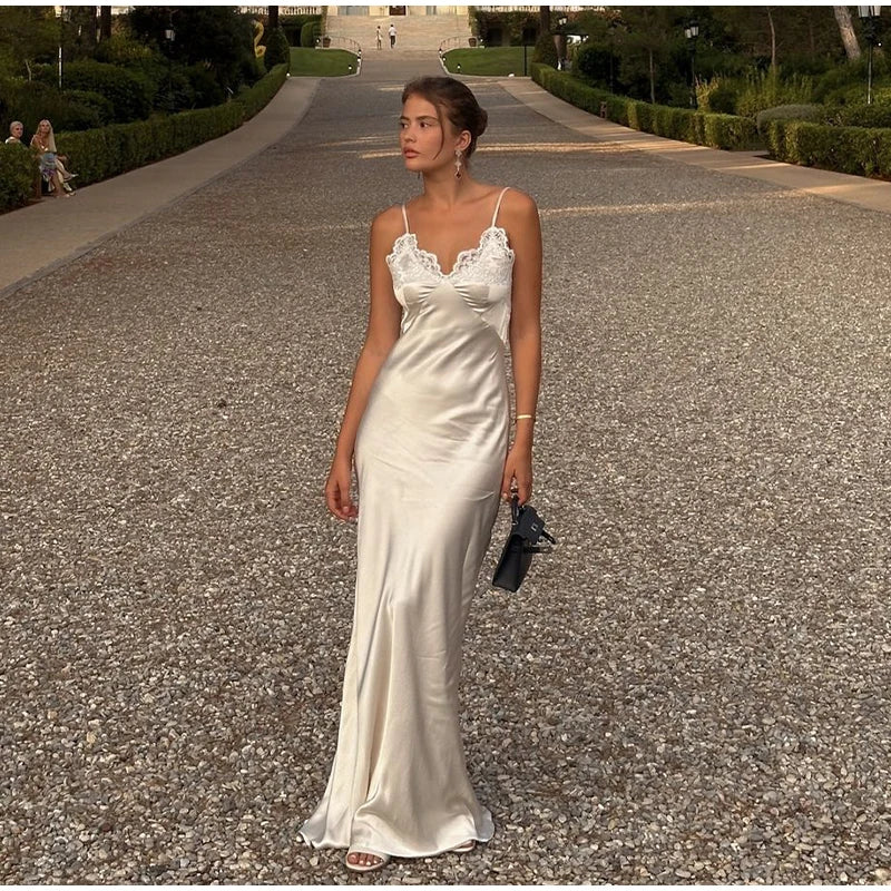 Lace Patchwork Sling Maxi Dress Women Sexy Solid V-neck Sleeveless Backless Satin Slim Long Gown Lady Chic Evening Party Dresses