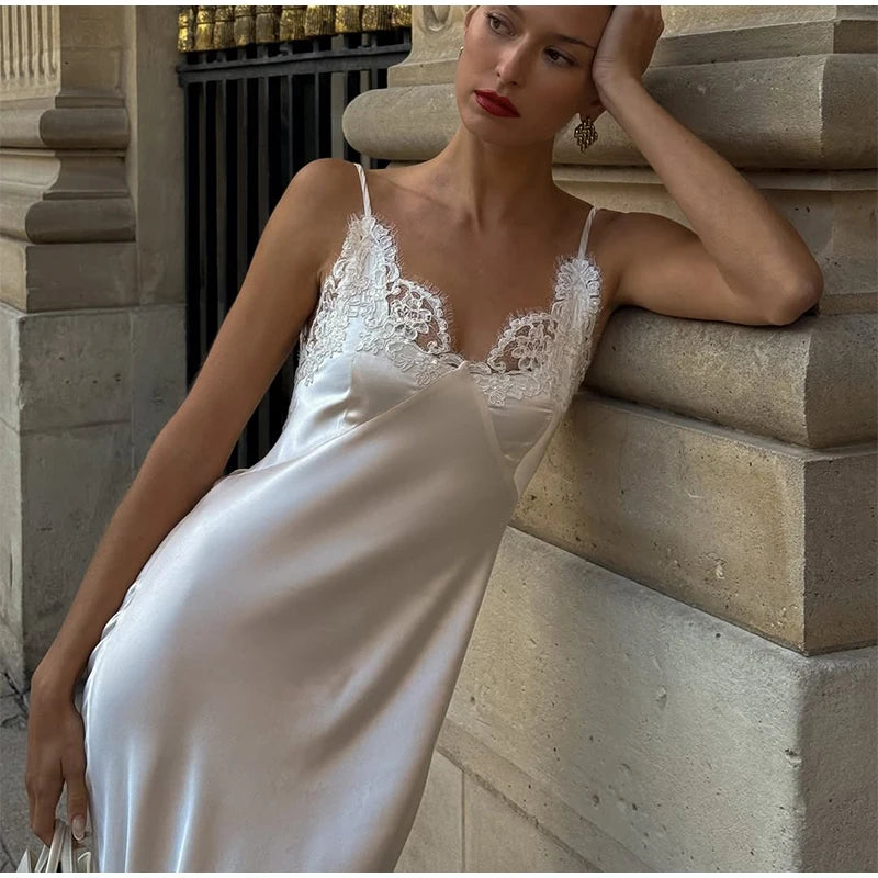 Lace Patchwork Sling Maxi Dress Women Sexy Solid V-neck Sleeveless Backless Satin Slim Long Gown Lady Chic Evening Party Dresses