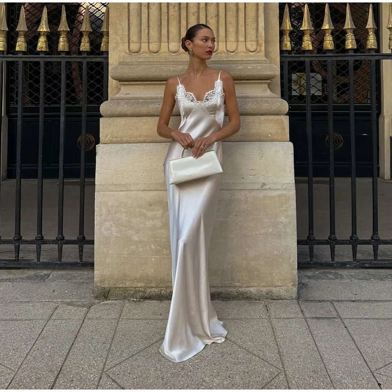 Lace Patchwork Sling Maxi Dress Women Sexy Solid V-neck Sleeveless Backless Satin Slim Long Gown Lady Chic Evening Party Dresses
