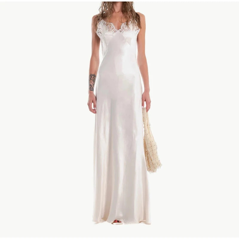 Lace Patchwork Sling Maxi Dress Women Sexy Solid V-neck Sleeveless Backless Satin Slim Long Gown Lady Chic Evening Party Dresses